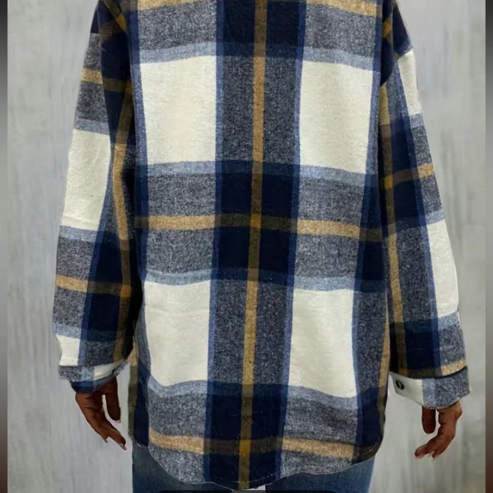 Women’s Blue Plaid Print Shacket Jacket Casual Button Front Long Sleeve NWT - Picture 3 of 8